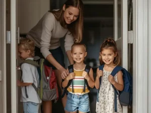 Live-in nanny helping children prepare for school in the morning in a London family home