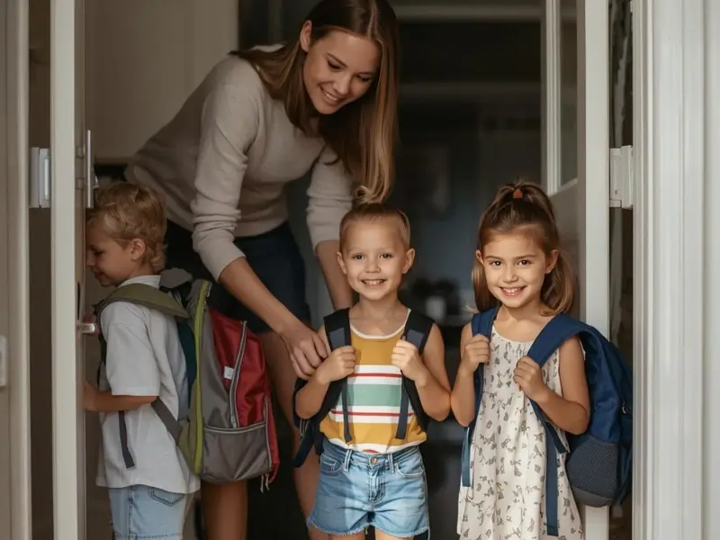 Live-in nanny helping children prepare for school in the morning in a London family home