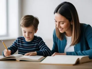 Professional nanny supporting a child with homework and after-school learning routines at home in London