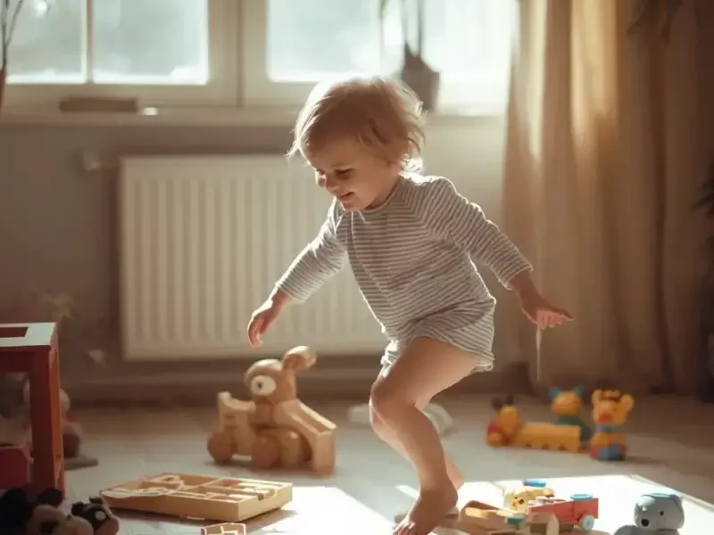 Young child developing coordination and confidence through movement and play with nanny support in London