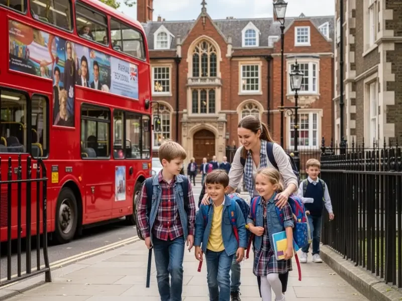 Professional nanny picking up children from school in London after family relocation